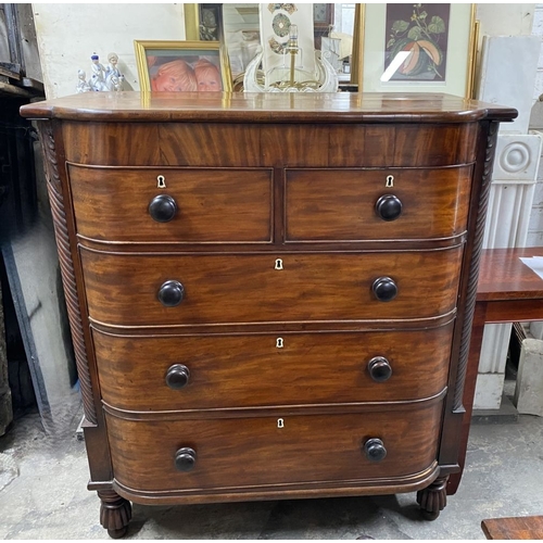 108 - AN EXCELLENT 19TH CENTURY CORK MAHOGANY CHEST OF DRAWERS, bow fronted, two short over three long dra... 