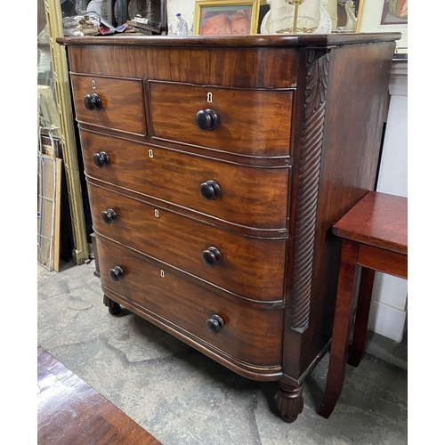 108 - AN EXCELLENT 19TH CENTURY CORK MAHOGANY CHEST OF DRAWERS, bow fronted, two short over three long dra... 