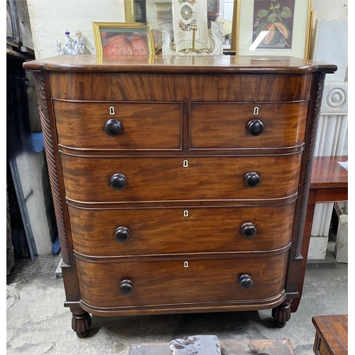 108 - AN EXCELLENT 19TH CENTURY CORK MAHOGANY CHEST OF DRAWERS, bow fronted, two short over three long dra... 