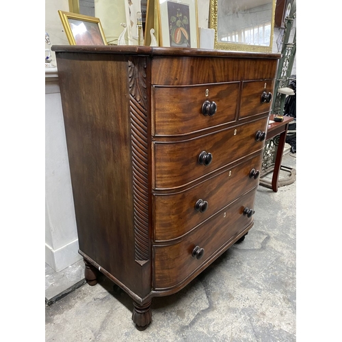 108 - AN EXCELLENT 19TH CENTURY CORK MAHOGANY CHEST OF DRAWERS, bow fronted, two short over three long dra... 