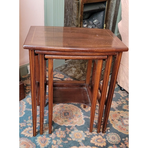 109 - A GOOD THREE-PART MAHOGANY INLAID NEST OF TABLES, each of the bow front & back tables with an inlaid... 