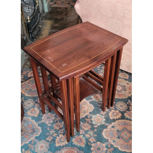 109 - A GOOD THREE-PART MAHOGANY INLAID NEST OF TABLES, each of the bow front & back tables with an inlaid... 