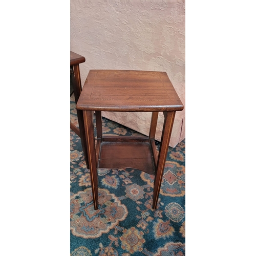 109 - A GOOD THREE-PART MAHOGANY INLAID NEST OF TABLES, each of the bow front & back tables with an inlaid... 