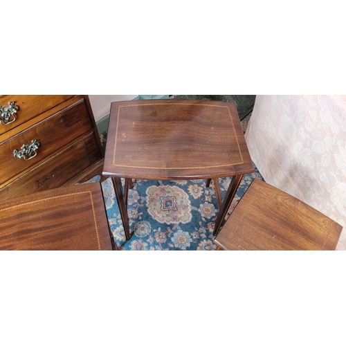 109 - A GOOD THREE-PART MAHOGANY INLAID NEST OF TABLES, each of the bow front & back tables with an inlaid... 