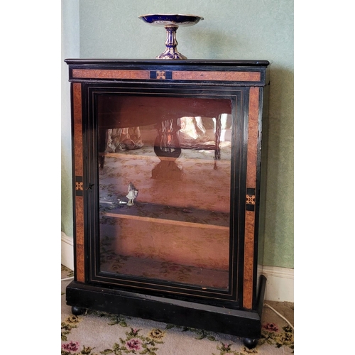 122 - A VERY GOOD 19TH CENTURY EBONISED & WALNUT INLAID PIER CABINET, with marquetry inlaid detailing to t... 