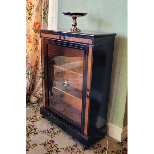 122 - A VERY GOOD 19TH CENTURY EBONISED & WALNUT INLAID PIER CABINET, with marquetry inlaid detailing to t... 