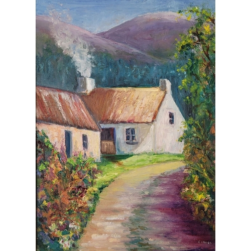 123 - EVELYN BARBER, (IRISH 20TH CENTURY), AN IRISH THATCHED COTTAGE, oil on canvas board, signed lower ri... 