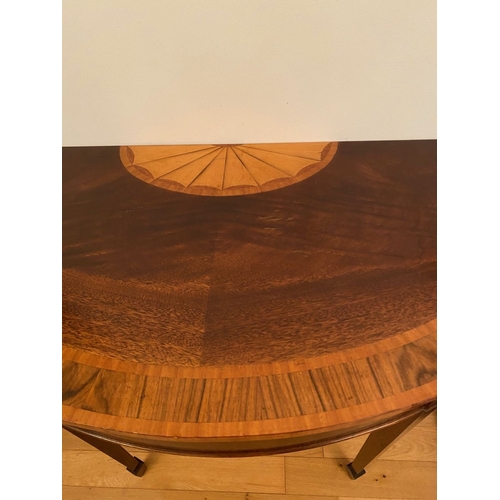 128 - A HALF MOON MAHOGANY ROSEWOOD & SATINWOOD CROSSBANDED SIDE/HALL TABLE, beautiful sunburst inlay and ... 