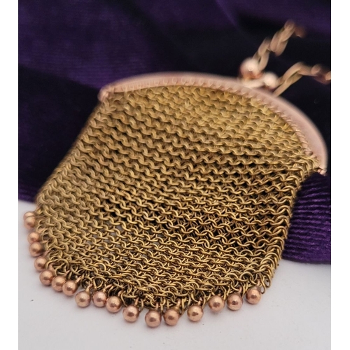 13 - A DELICATE EDWARDIAN 9CT GOLD MARKED MESH SOVEREIGN PURSE, the purse with curved top and clasp is ma... 