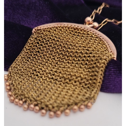 13 - A DELICATE EDWARDIAN 9CT GOLD MARKED MESH SOVEREIGN PURSE, the purse with curved top and clasp is ma... 