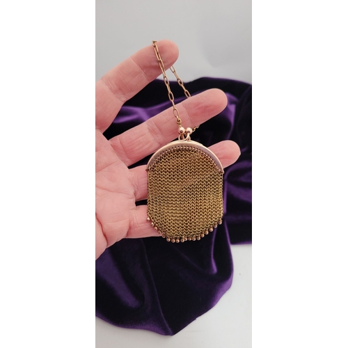 13 - A DELICATE EDWARDIAN 9CT GOLD MARKED MESH SOVEREIGN PURSE, the purse with curved top and clasp is ma... 