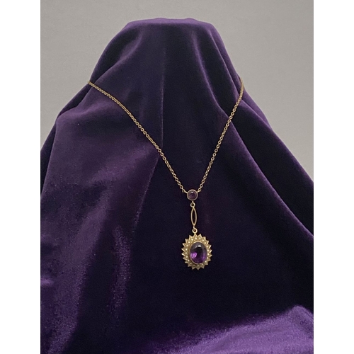 132 - A BEAUTIFUL 9CT GOLD AMETHYST AND SEED PEARL PENDANT NECKLACE, with central large oval cut vibrant a... 