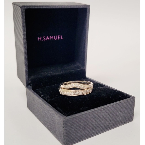 145 - A BEAUTIFUL 9CT GOLD DIAMOND ENCRUSTED STACKING SET, with a cross over setting to the band with a ro... 