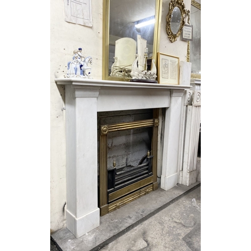 160 - A BEAUTIFUL NEAT SIZED WHITE MARBLE FIREPLACE, simple elegant form, with rectangular stepped shelf a... 