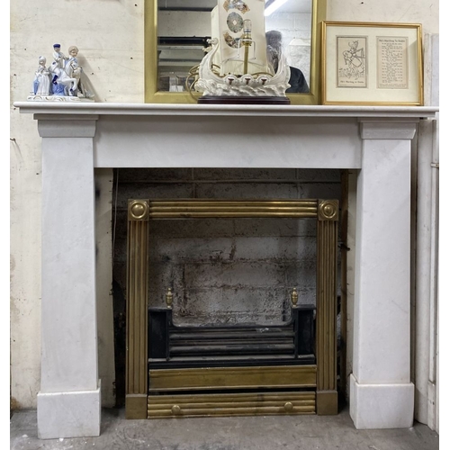 160 - A BEAUTIFUL NEAT SIZED WHITE MARBLE FIREPLACE, simple elegant form, with rectangular stepped shelf a... 