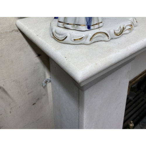 160 - A BEAUTIFUL NEAT SIZED WHITE MARBLE FIREPLACE, simple elegant form, with rectangular stepped shelf a... 