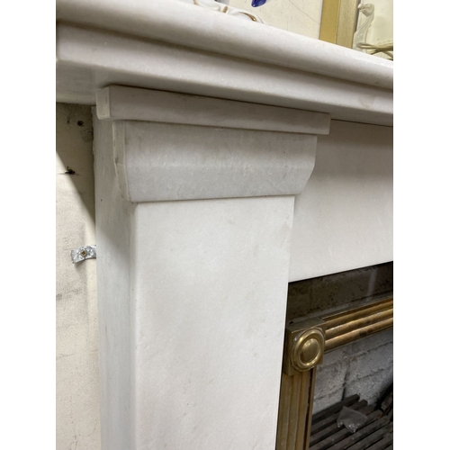 160 - A BEAUTIFUL NEAT SIZED WHITE MARBLE FIREPLACE, simple elegant form, with rectangular stepped shelf a... 