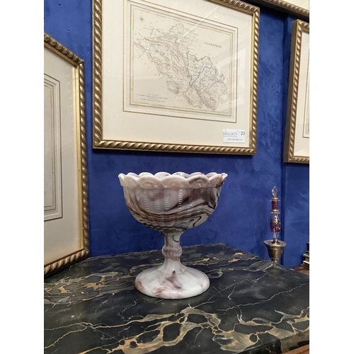 175 - A BEAUTIFUL VICTORIAN MALACHITE/SLAG GLASS PEDESTAL BOWL, the bowl with scalloped border and designs... 