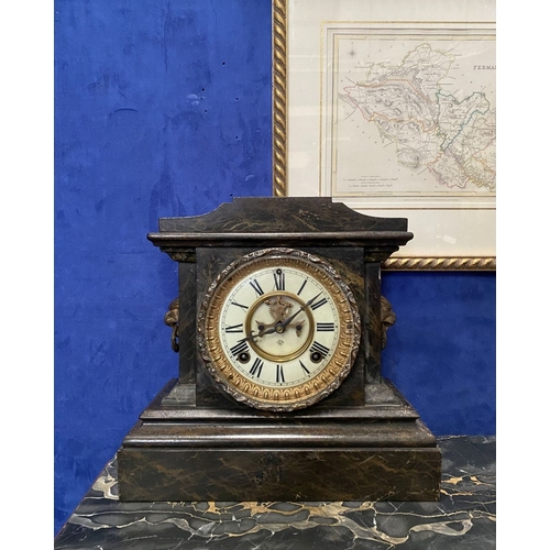 182 - A 20TH CENTURY ANSONIA CAST PAINTED MANTLE CLOCK, the cream enamel dial with painted Roman numerals ... 