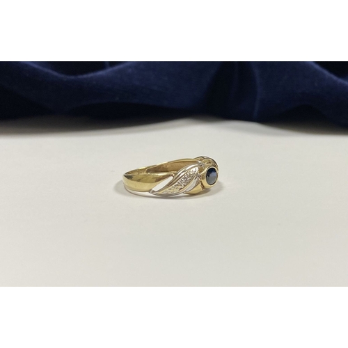 183 - A BEAUTIFUL 9CT GOLD SAPPHIRE & DIAMOND DRESS RING, with central oval cut vibrant sapphire in bezel ... 