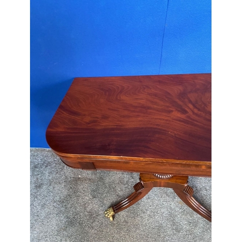 184 - A GOOD QUALITY REGENCY MAHOGANY CARD TABLE, the top with canted corners, opening to green baize line... 