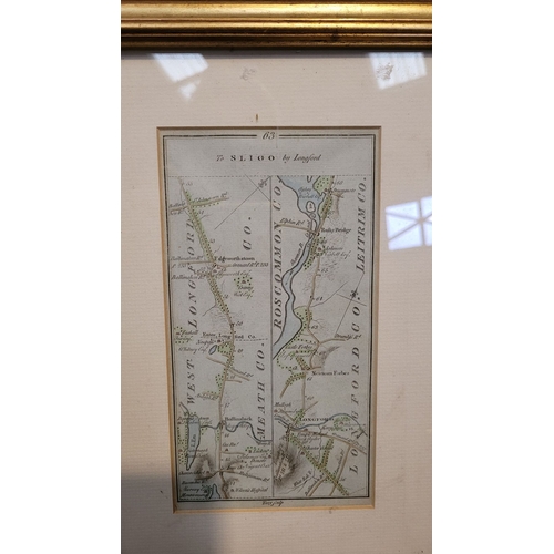 185 - A FRAMED PAIR OF OLD ROAD MAPS: TAKEN FROM TAYLOR & SKINNER ROAD ATLAS OF IRELAND, surveyed in 1777,... 