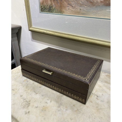 206 - A LARGE VINTAGE MELE STYLE JEWELLERY BOX, leather look exterior with gilt details, opening to fitted... 