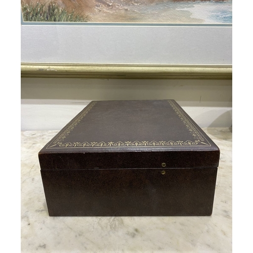 206 - A LARGE VINTAGE MELE STYLE JEWELLERY BOX, leather look exterior with gilt details, opening to fitted... 