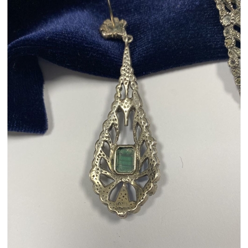 225 - A LOVELY PAIR OF STERLING SILVER MARCASITE DROP EARRINGS, with central emerald cut stone in four cla... 