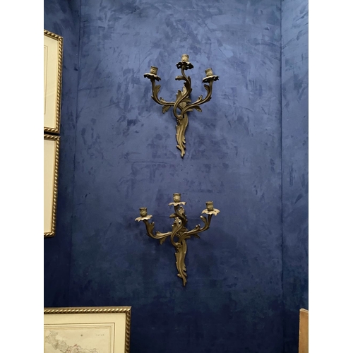 228 - A PAIR OF ANTIQUE DECORATIVE BRASS THREE BRANCH WALL SCONCES, scrolling foliate form, nicely details... 