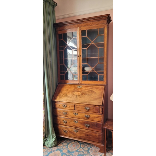 23 - A VERY FINE ASTRAGAL GLAZED GEORGIAN MAHOGANY & SATINWOOD INLAID BUREAU BOOKCASE, the top pediment w... 