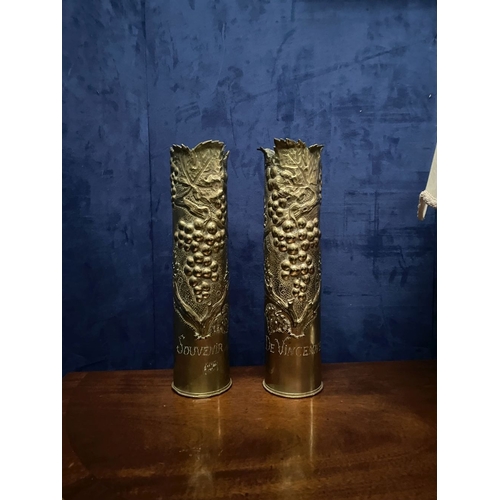 232 - A PAIR OF LARGE DECORATIVE TRENCH ART SHELL CASES, 75mm, both decorated with embossed and engraved g... 