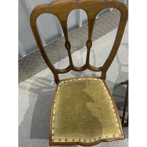 235 - A PAIR OF INLAID DINING/SIDE CHAIRS, the back with inlaid details, seat is stud upholstered, raised ... 