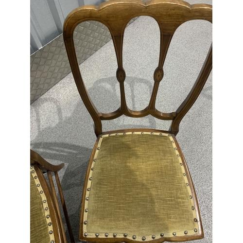 235 - A PAIR OF INLAID DINING/SIDE CHAIRS, the back with inlaid details, seat is stud upholstered, raised ... 