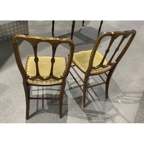 235 - A PAIR OF INLAID DINING/SIDE CHAIRS, the back with inlaid details, seat is stud upholstered, raised ... 