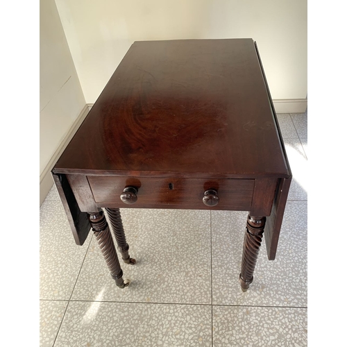 236 - A MAHOGANY ONE DRAWER GATE LEG SUTHERLAND TABLE, one drawer with two knob handles, raised on barley ... 