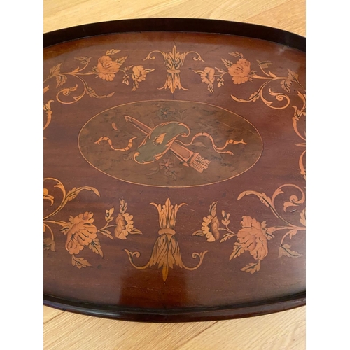 250 - AN EXCELLENT OVAL MAHOGANY INLAID SERVING TRAY, with central oval inlaid panel surrounded by intrica... 