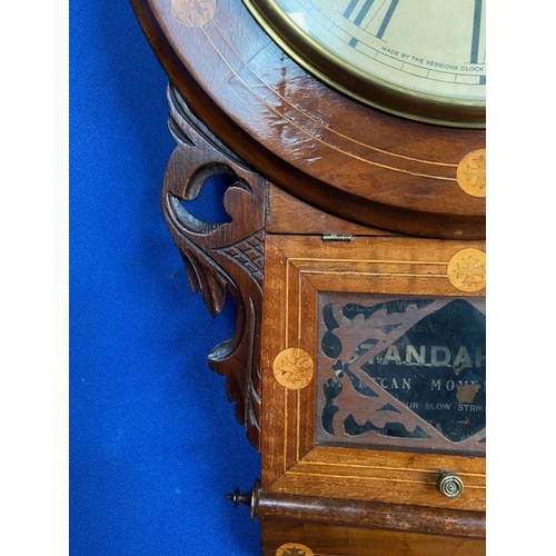 258 - AN AMERICAN INLAID WALL CLOCK, by Sessions Clock Co. Forestville Conn. USA. White dial with Roman nu... 