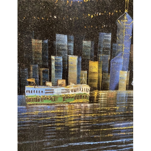 271 - A FRAMED HONG KONG VELVET PAINTED NIGHT SKYLINE, signed with initials lower right. Dimensions: 78.5c... 