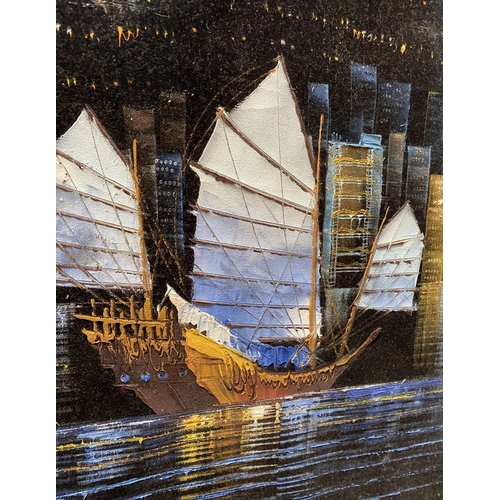 271 - A FRAMED HONG KONG VELVET PAINTED NIGHT SKYLINE, signed with initials lower right. Dimensions: 78.5c... 