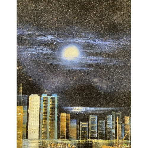 271 - A FRAMED HONG KONG VELVET PAINTED NIGHT SKYLINE, signed with initials lower right. Dimensions: 78.5c... 