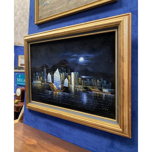 271 - A FRAMED HONG KONG VELVET PAINTED NIGHT SKYLINE, signed with initials lower right. Dimensions: 78.5c... 