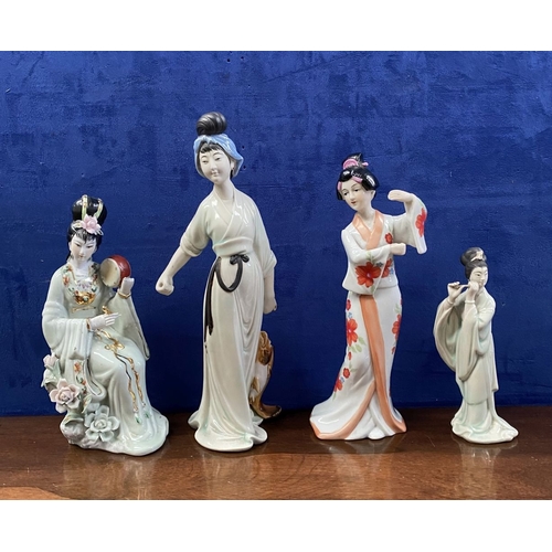 272 - A COLLECTION OF VINTAGE ORIENTAL PORCELAIN GEISHA’S, a seated female figure playing instrument, fema... 