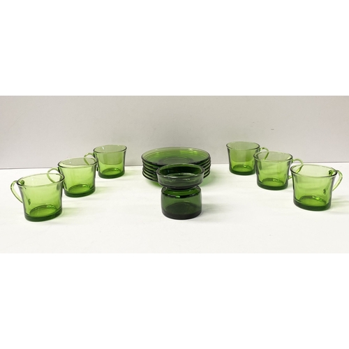 273 - A COLLECTION OF SIX FRENCH GREEN GLASS CUPS & SAUCERS, along with Dansk Designs Denmark vase. The cu... 