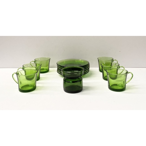 273 - A COLLECTION OF SIX FRENCH GREEN GLASS CUPS & SAUCERS, along with Dansk Designs Denmark vase. The cu... 