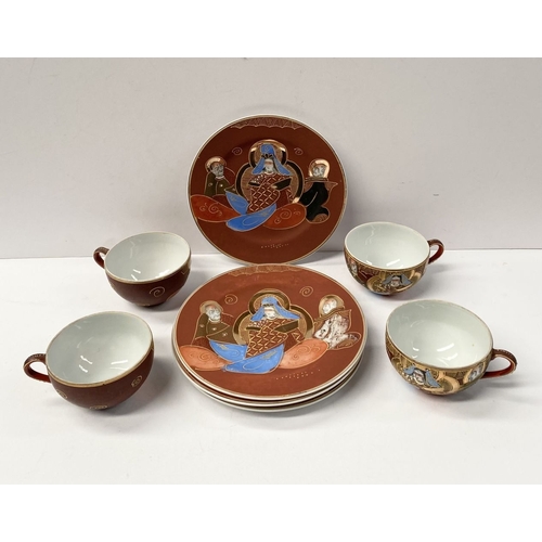 275 - A VINTAGE JAPANESE PARTIAL TEA SERVICE, to include four teacups and saucers, all with painted figura... 