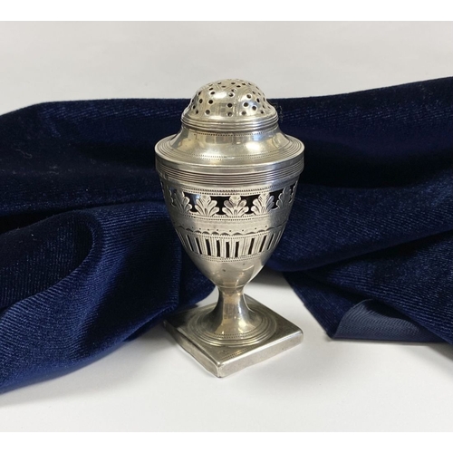 278 - A GEORGE III SILVER PEPPER POT, by Peter & Anne Bateman, London c.1794. Of inverted baluster form se... 