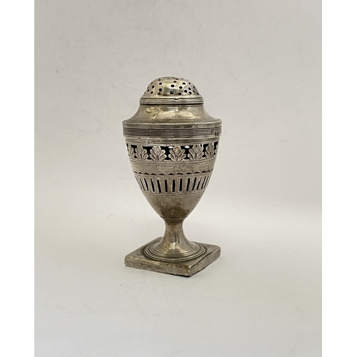 278 - A GEORGE III SILVER PEPPER POT, by Peter & Anne Bateman, London c.1794. Of inverted baluster form se... 