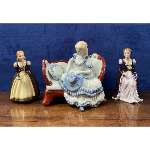 279 - TWO VINTAGE IRISH MZ DRESDEN FIGURES, ‘Rosemary’ & ‘Teresa’, along with painted ceramic seated femal... 