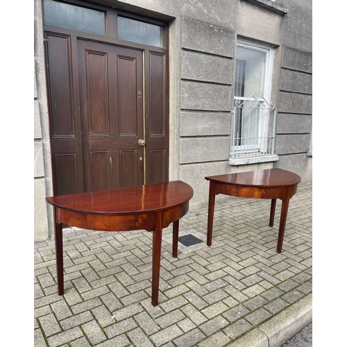 28 - A PAIR OF EARLY IRISH MAHOGANY DEMI LUNE SIDE TABLES, excellent condition, half moon/demi lune shape... 